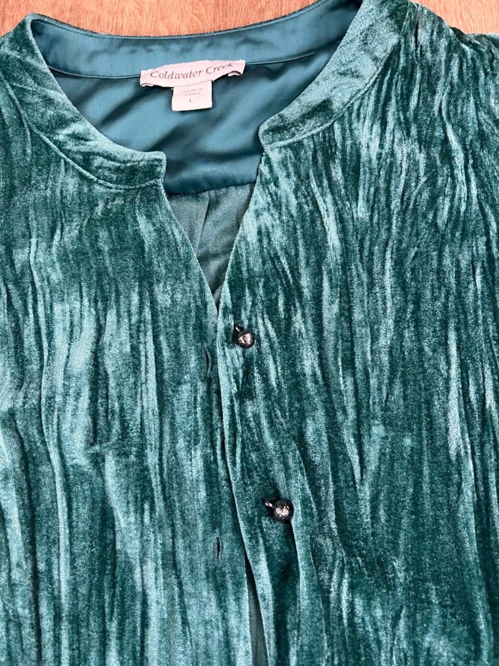 Coldwater Creek Emerald Teal Crushed Velvet Long Shirt Jacket Sz L - Picture 5 of 13